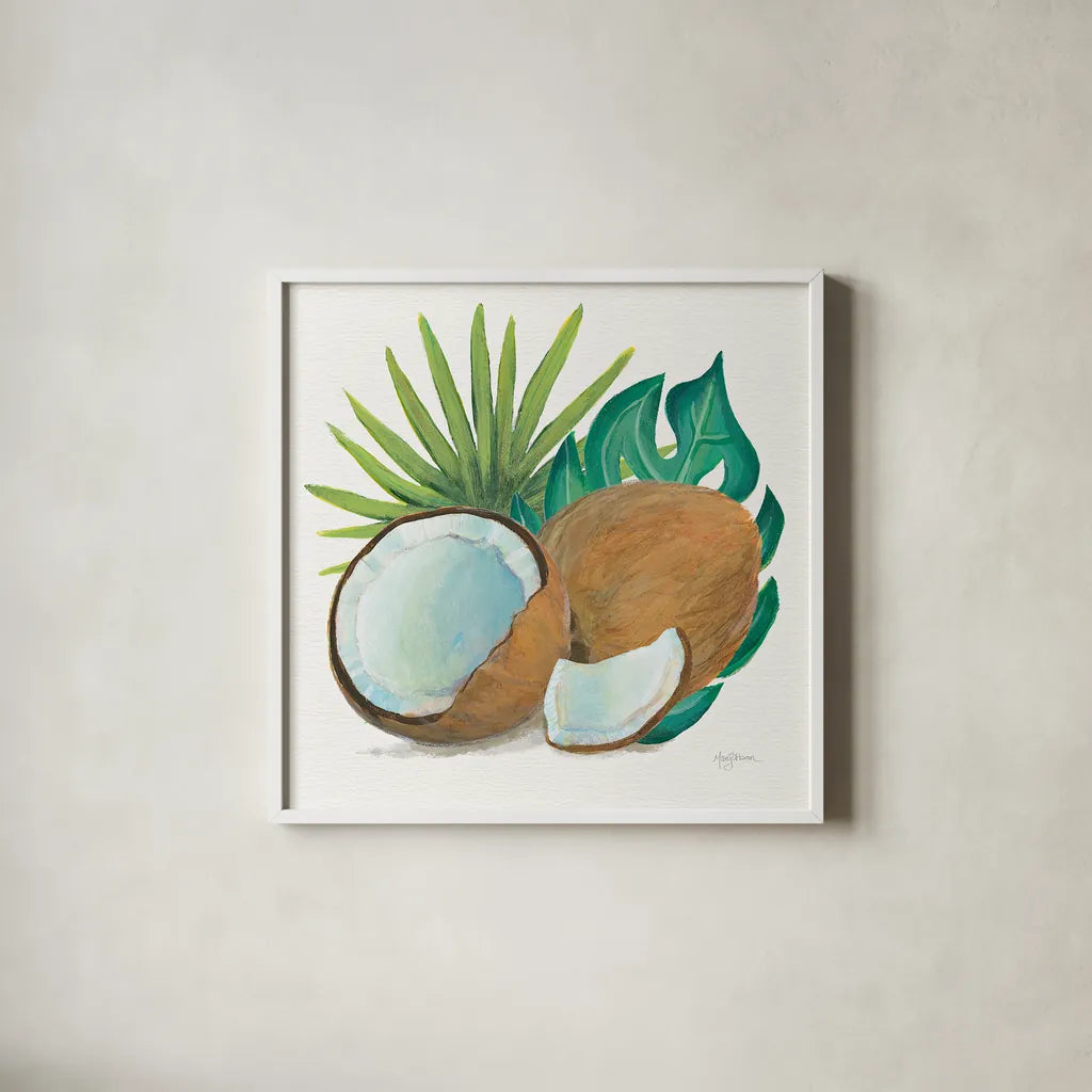 Coconut Palm V by Mary Urban. Shown in a crisp white glass frame for a clean and minimalist style. Available as an archival giclee rolled canvas, fine art paper, or poster print. SKU 31640a.