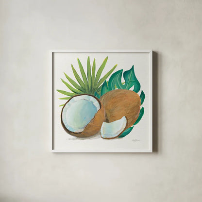 Coconut Palm V by Mary Urban. Shown in a crisp white glass frame for a clean and minimalist style. Available as an archival giclee rolled canvas, fine art paper, or poster print. SKU 31640a.