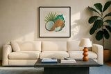 Coconut Palm V by Mary Urban. Displayed in a glass frame with matte in a clean modern living room. Available as an archival giclee rolled canvas, fine art paper, or poster print. SKU 31640a.