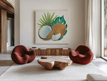 Coconut Palm V by Mary Urban. Shown as extra-large giant wall art in a modern living room. Available as an archival giclee rolled canvas, fine art paper, or poster print. SKU 31640a.