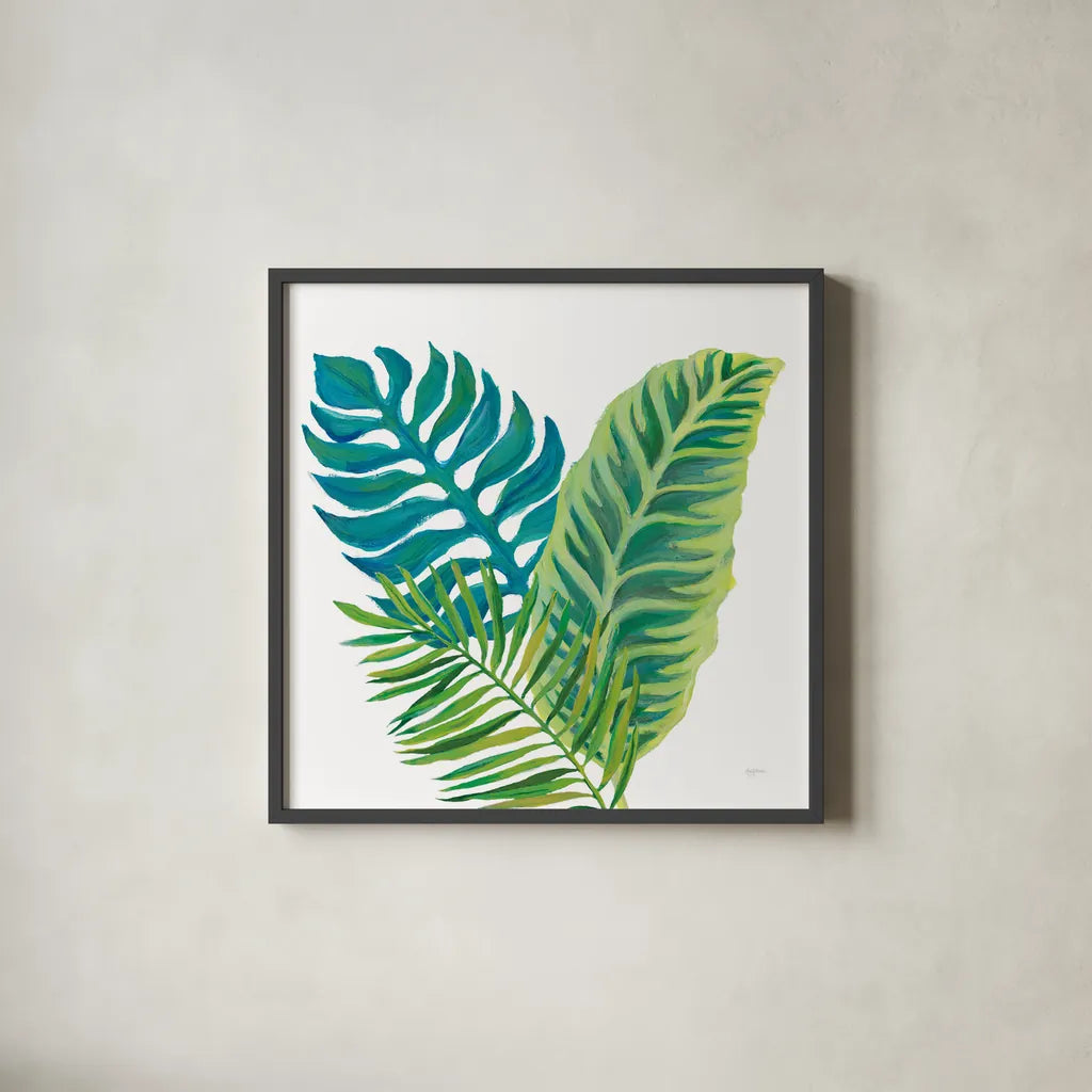 Coconut Palm VI by Mary Urban. Shown in a sleek black glass frame for a contemporary gallery look. Available as an archival giclee rolled canvas, fine art paper, or poster print. SKU 56374a.