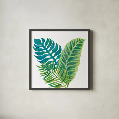 Coconut Palm VI by Mary Urban. Shown in a sleek black glass frame for a contemporary gallery look. Available as an archival giclee rolled canvas, fine art paper, or poster print. SKU 56374a.