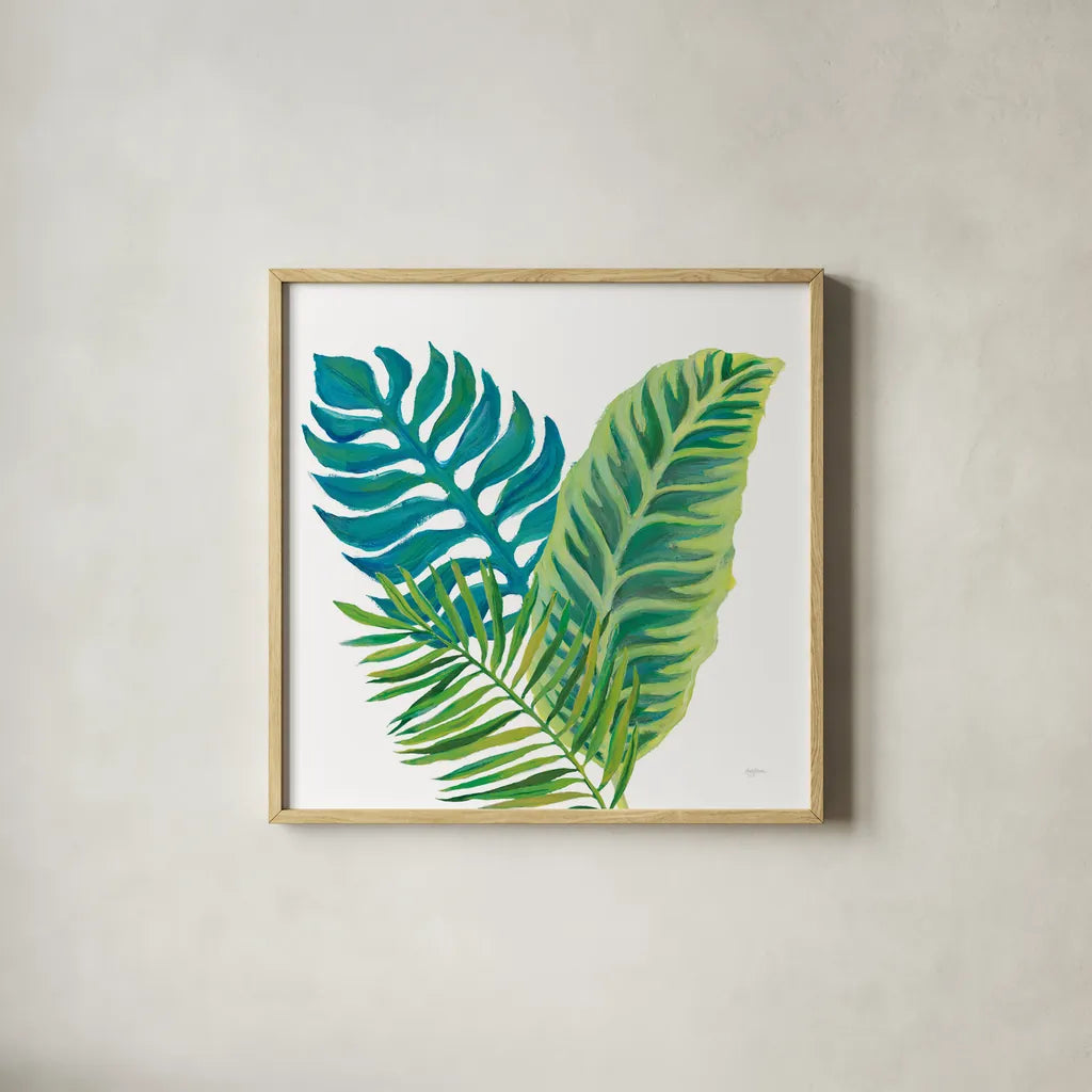 Coconut Palm VI by Mary Urban. Shown in a natural wood glass frame for a timeless modern aesthetic. Available as an archival giclee rolled canvas, fine art paper, or poster print. SKU 56374a.