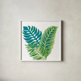 Coconut Palm VI by Mary Urban. Shown in a crisp white glass frame for a clean and minimalist style. Available as an archival giclee rolled canvas, fine art paper, or poster print. SKU 56374a.