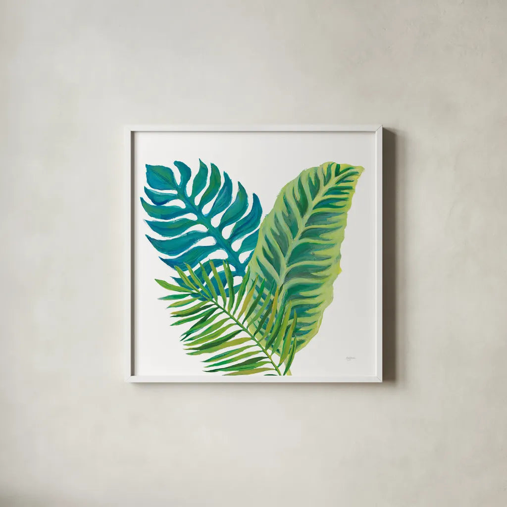 Coconut Palm VI by Mary Urban. Shown in a crisp white glass frame for a clean and minimalist style. Available as an archival giclee rolled canvas, fine art paper, or poster print. SKU 56374a.
