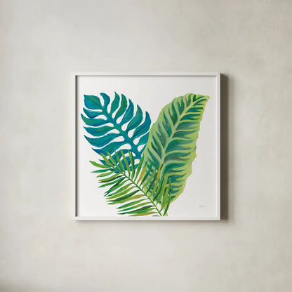 Coconut Palm VI by Mary Urban. Shown in a crisp white glass frame for a clean and minimalist style. Available as an archival giclee rolled canvas, fine art paper, or poster print. SKU 56374a.