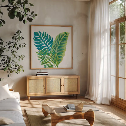 Coconut Palm VI by Mary Urban. Shown in a natural wood frame in a cozy modern living room. Available as an archival giclee rolled canvas, fine art paper, or poster print. SKU 56374a.