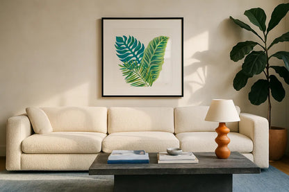 Coconut Palm VI by Mary Urban. Displayed in a glass frame with matte in a clean modern living room. Available as an archival giclee rolled canvas, fine art paper, or poster print. SKU 56374a.