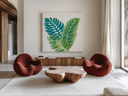 Coconut Palm VI by Mary Urban. Shown as extra-large giant wall art in a modern living room. Available as an archival giclee rolled canvas, fine art paper, or poster print. SKU 56374a.