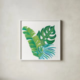 Coconut Palm VII by Mary Urban. Shown in a crisp white glass frame for a clean and minimalist style. Available as an archival giclee rolled canvas, fine art paper, or poster print. SKU 56375a.