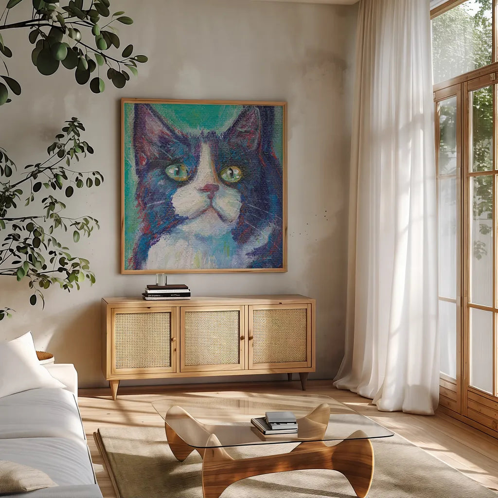 Cookie Bean Crop by Mary Urban. Shown in a natural wood frame in a cozy modern living room. Available as an archival giclee rolled canvas, fine art paper, or poster print. SKU 27189a.