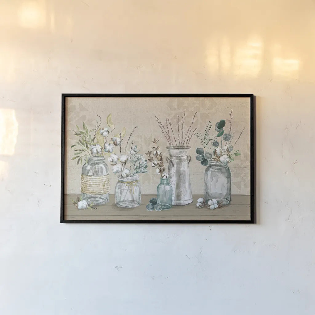 Cotton Bouquet I by Mary Urban. shown as a paper print in a black flame. Available as a archival giclee rolled canvas, fine art paper, or poster print. SKU 62164i.