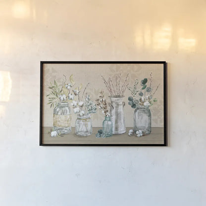 Cotton Bouquet I by Mary Urban. shown as a paper print in a black flame. Available as a archival giclee rolled canvas, fine art paper, or poster print. SKU 62164i.