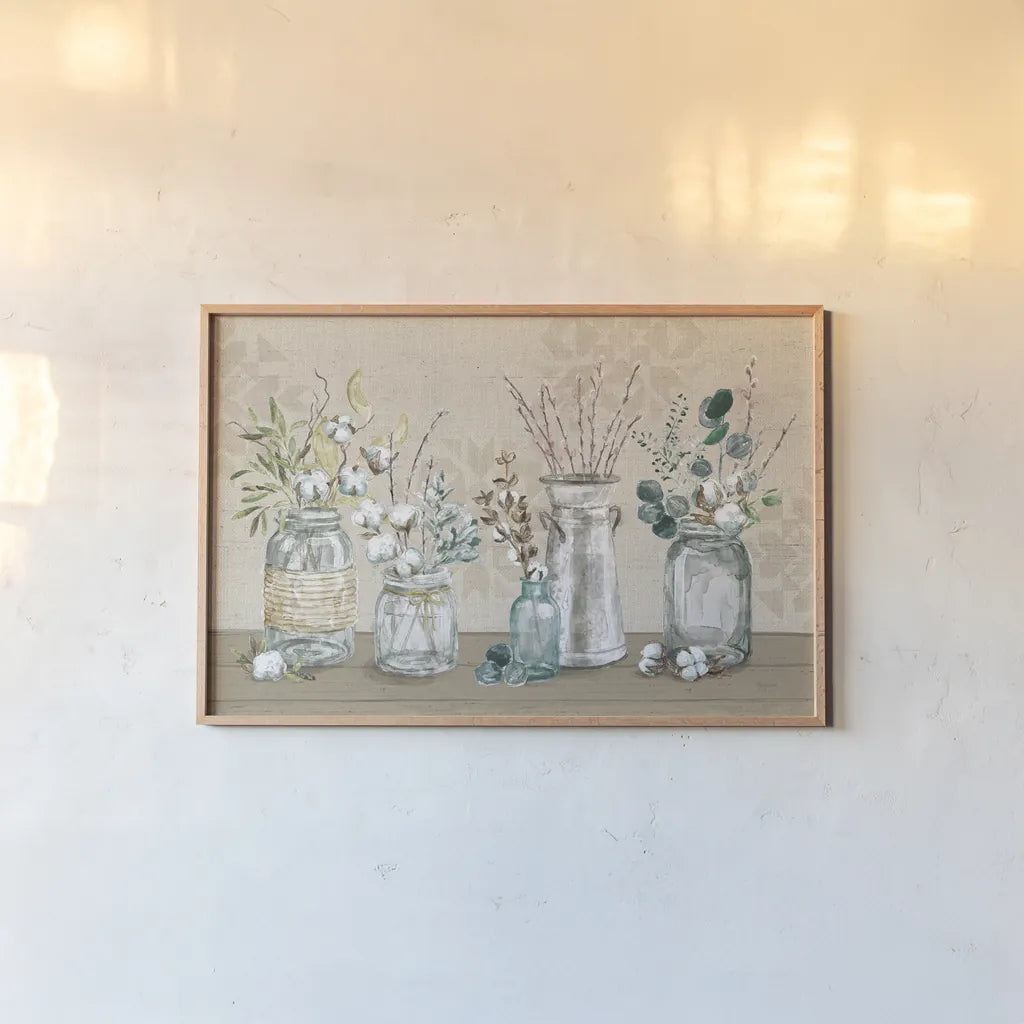 Cotton Bouquet I by Mary Urban. shown as a paper print in a natural frame. Available as a archival giclee rolled canvas, fine art paper, or poster print. SKU 62164i.