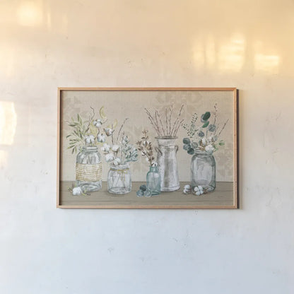 Cotton Bouquet I by Mary Urban. shown as a paper print in a natural frame. Available as a archival giclee rolled canvas, fine art paper, or poster print. SKU 62164i.