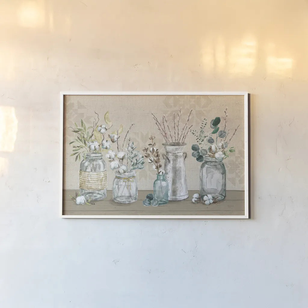 Cotton Bouquet I by Mary Urban. shown as a paper print in a white frame. Available as a archival giclee rolled canvas, fine art paper, or poster print. SKU 62164i.