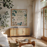 Cotton Bouquet IV by Mary Urban. Shown in a natural wood frame in a cozy modern living room. Available as an archival giclee rolled canvas, fine art paper, or poster print. SKU 62167a.