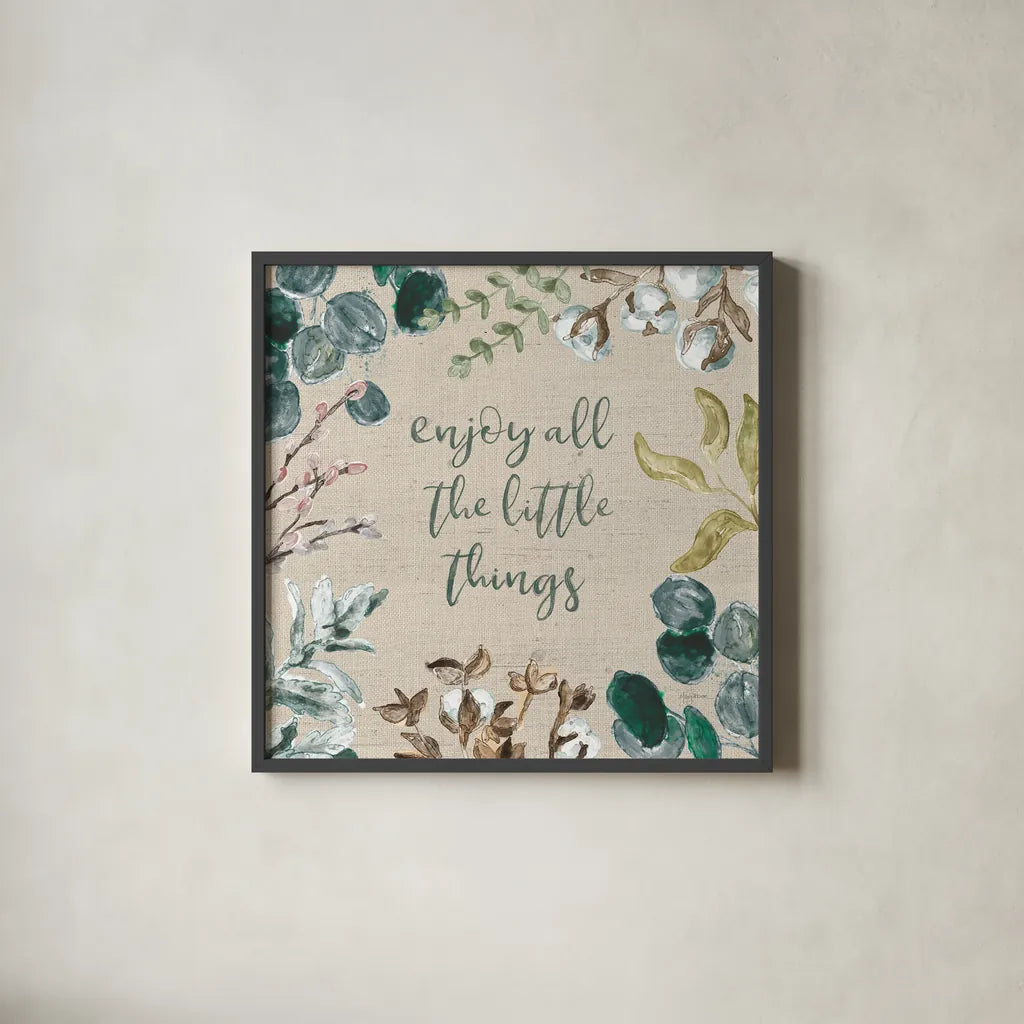 Cotton Bouquet V by Mary Urban. Shown in a sleek black glass frame for a contemporary gallery look. Available as an archival giclee rolled canvas, fine art paper, or poster print. SKU 62168a.