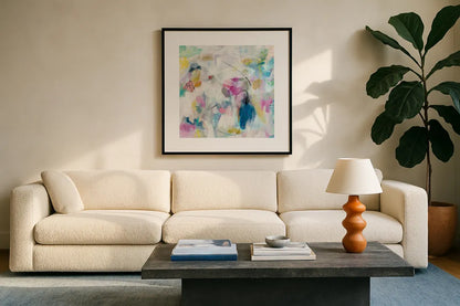 Daylight Savings I by Mary Urban. Displayed in a glass frame with matte in a clean modern living room. Available as an archival giclee rolled canvas, fine art paper, or poster print. SKU 52672a.