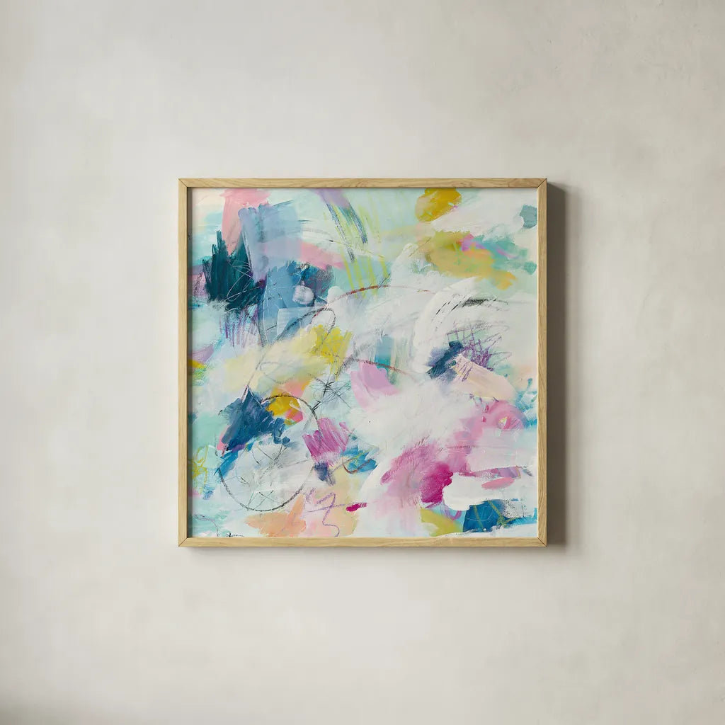 Daylight Savings II by Mary Urban. Shown in a natural wood glass frame for a timeless modern aesthetic. Available as an archival giclee rolled canvas, fine art paper, or poster print. SKU 52673a.