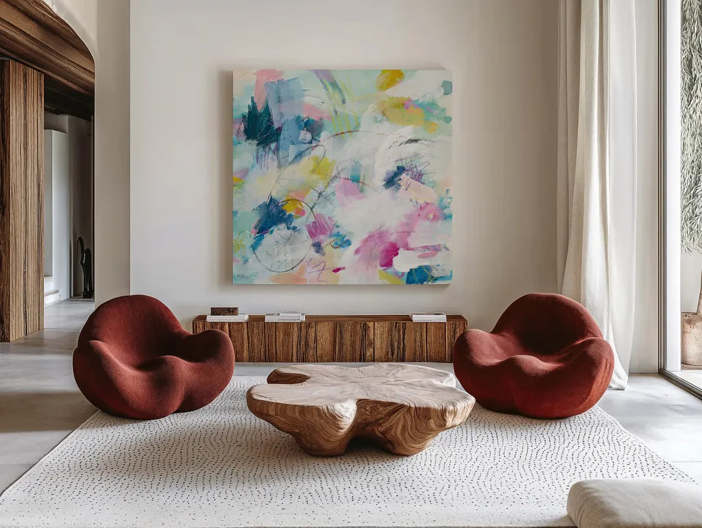 Daylight Savings II by Mary Urban. Shown as extra-large giant wall art in a modern living room. Available as an archival giclee rolled canvas, fine art paper, or poster print. SKU 52673a.