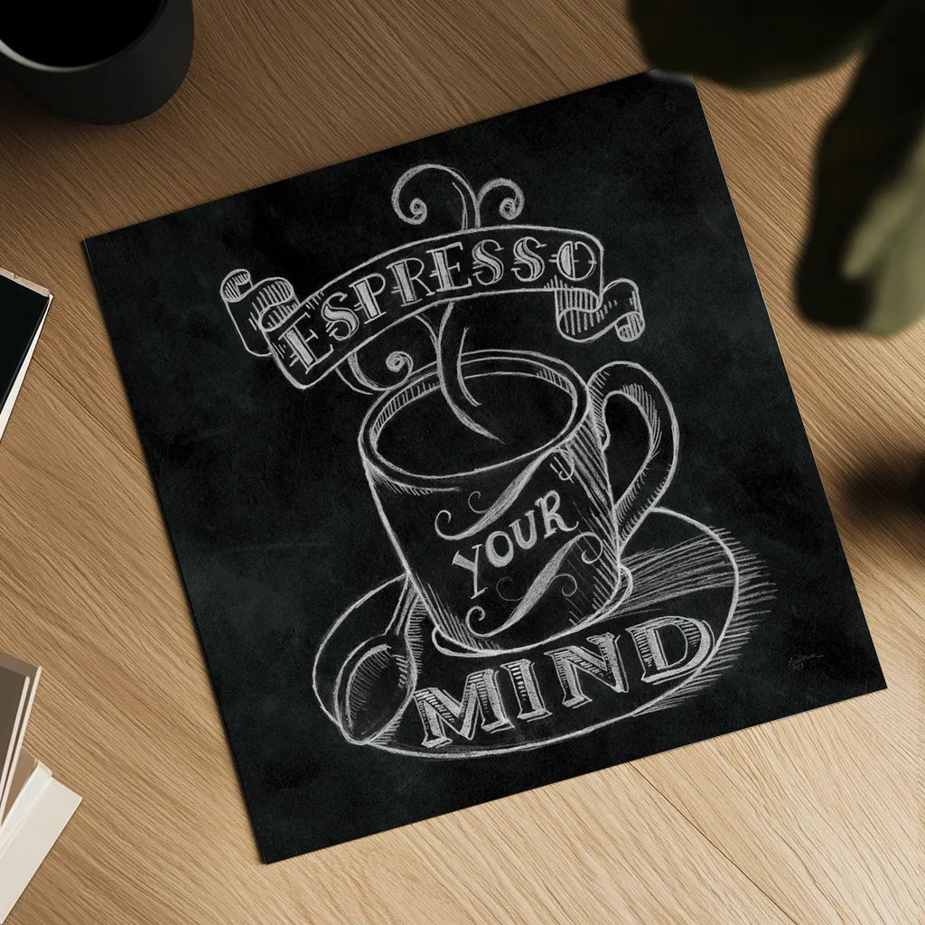 Espresso Your Mind  No Border Square by Mary Urban. Shown as a detailed flat fine art print, highlighting archival giclee quality. Available as an archival giclee rolled canvas, fine art paper, or poster print. SKU 13806a.