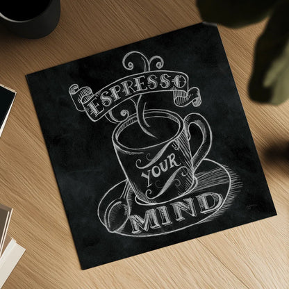 Espresso Your Mind  No Border Square by Mary Urban. Shown as a detailed flat fine art print, highlighting archival giclee quality. Available as an archival giclee rolled canvas, fine art paper, or poster print. SKU 13806a.