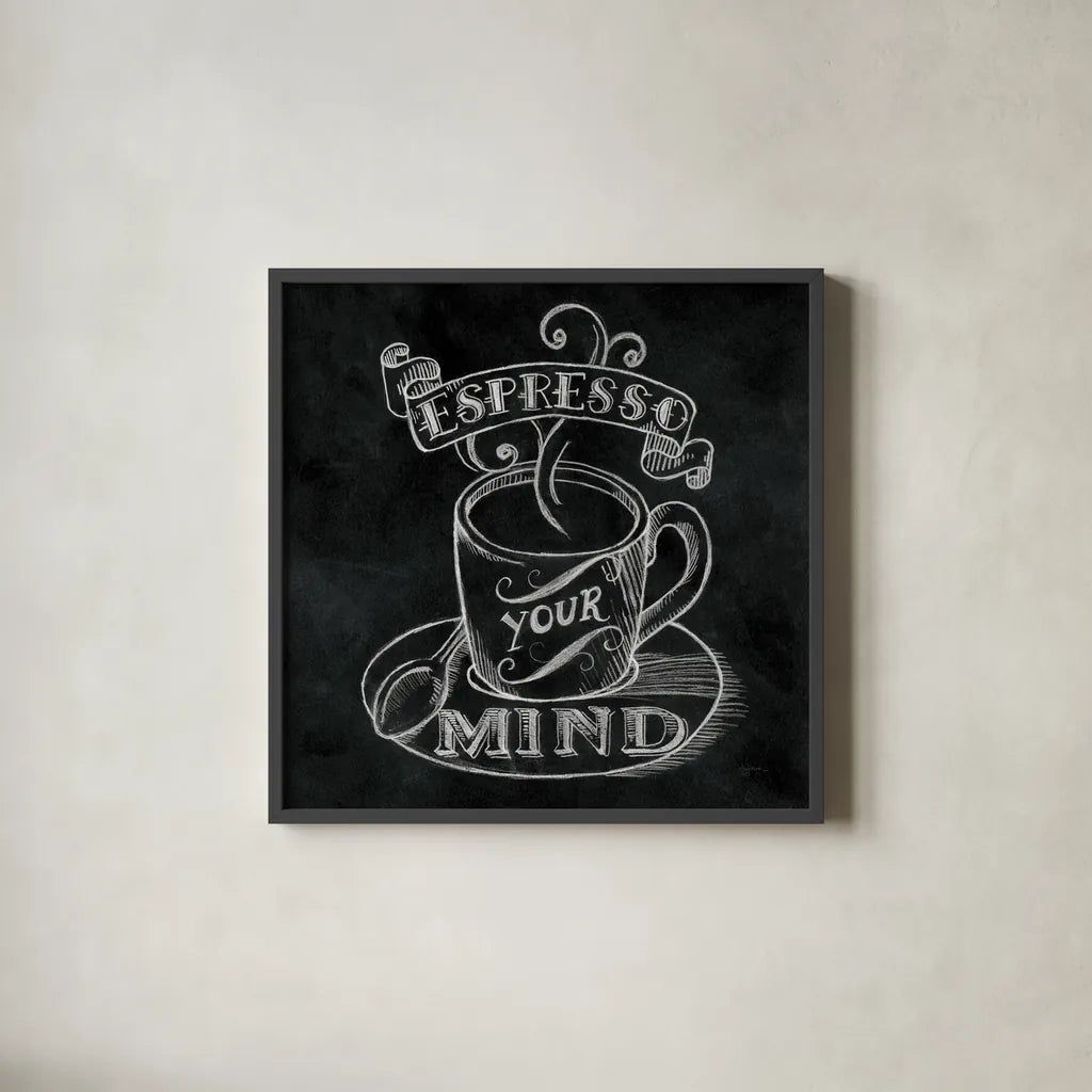 Espresso Your Mind  No Border Square by Mary Urban. Shown in a sleek black glass frame for a contemporary gallery look. Available as an archival giclee rolled canvas, fine art paper, or poster print. SKU 13806a.