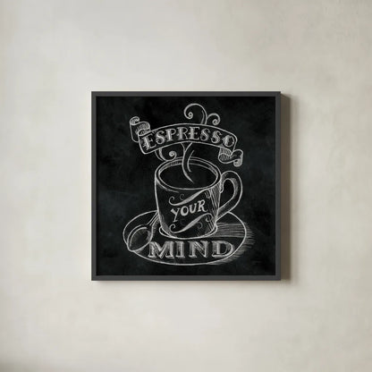 Espresso Your Mind  No Border Square by Mary Urban. Shown in a sleek black glass frame for a contemporary gallery look. Available as an archival giclee rolled canvas, fine art paper, or poster print. SKU 13806a.
