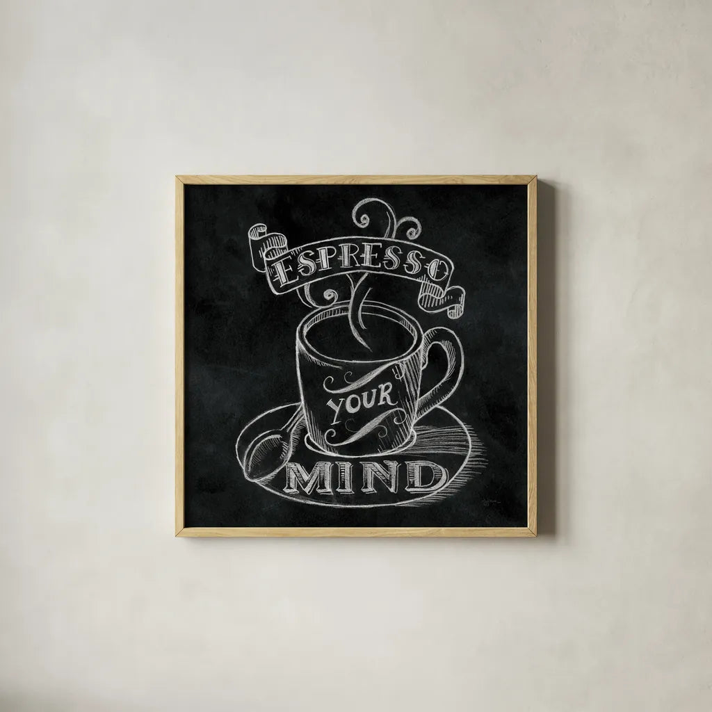 Espresso Your Mind  No Border Square by Mary Urban. Shown in a natural wood glass frame for a timeless modern aesthetic. Available as an archival giclee rolled canvas, fine art paper, or poster print. SKU 13806a.