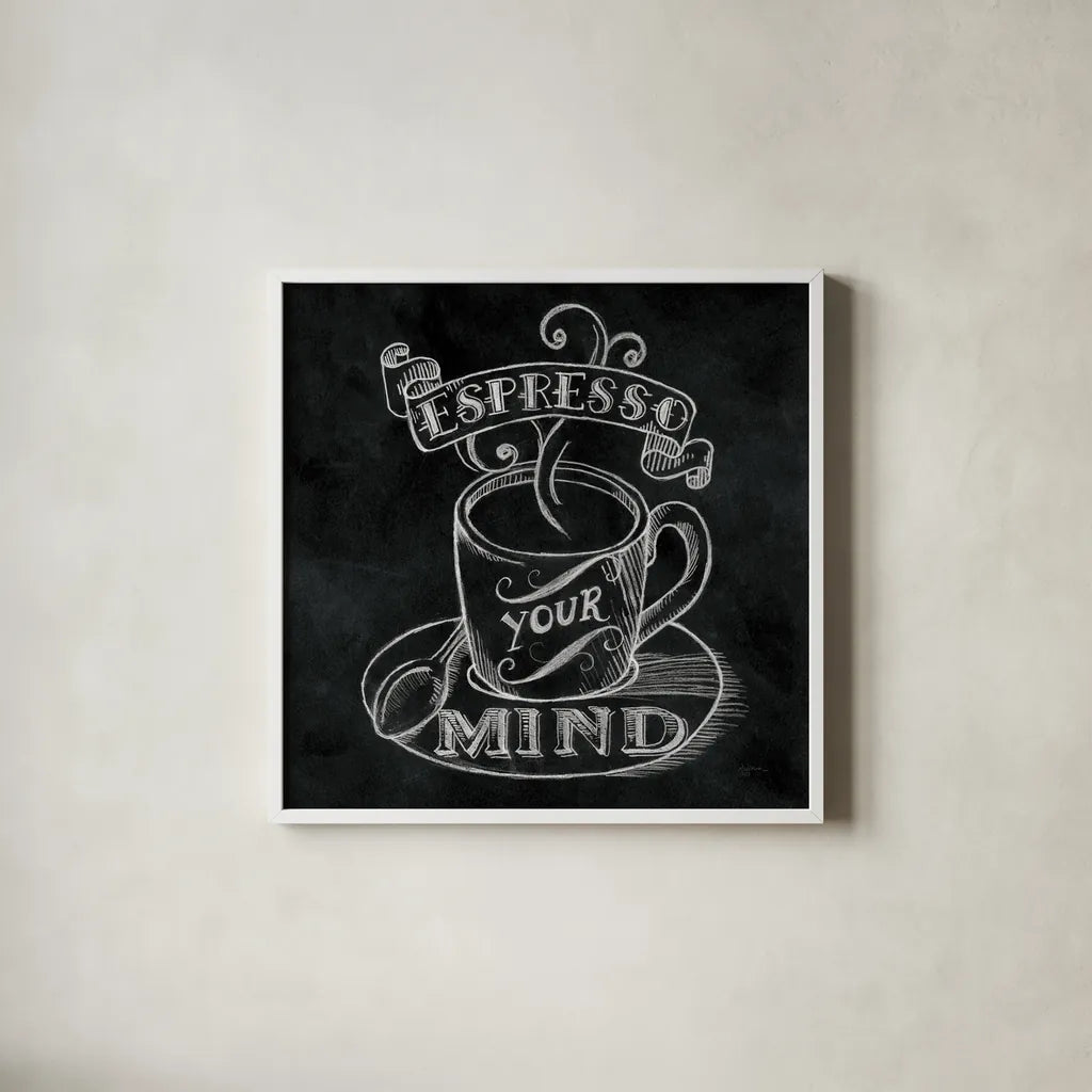 Espresso Your Mind  No Border Square by Mary Urban. Shown in a crisp white glass frame for a clean and minimalist style. Available as an archival giclee rolled canvas, fine art paper, or poster print. SKU 13806a.