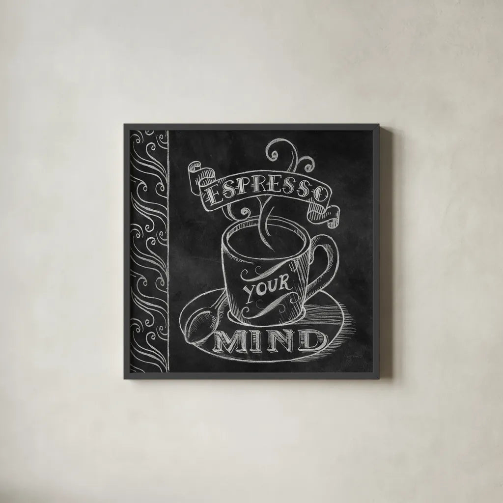 Espresso Your Mind by Mary Urban. Shown in a sleek black glass frame for a contemporary gallery look. Available as an archival giclee rolled canvas, fine art paper, or poster print. SKU 19840a.