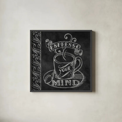 Espresso Your Mind by Mary Urban. Shown in a sleek black glass frame for a contemporary gallery look. Available as an archival giclee rolled canvas, fine art paper, or poster print. SKU 19840a.