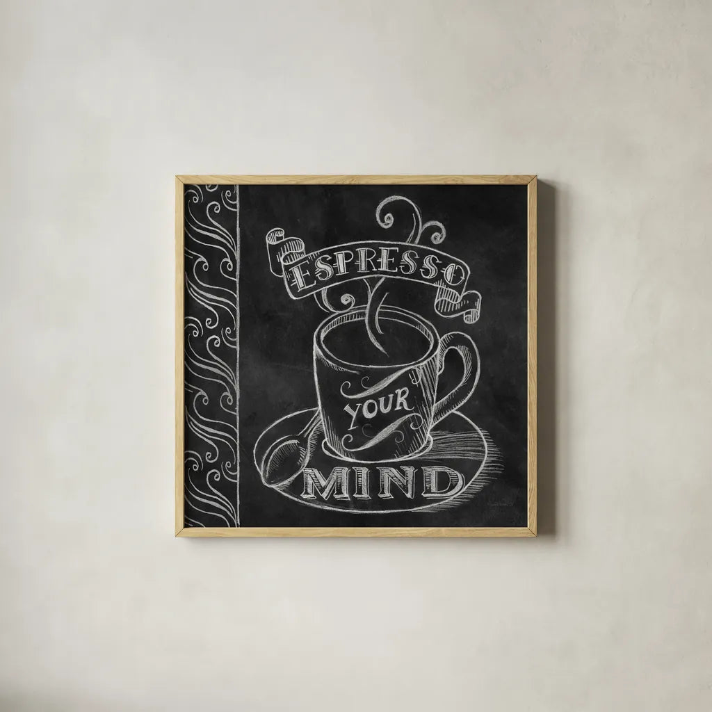 Espresso Your Mind by Mary Urban. Shown in a natural wood glass frame for a timeless modern aesthetic. Available as an archival giclee rolled canvas, fine art paper, or poster print. SKU 19840a.