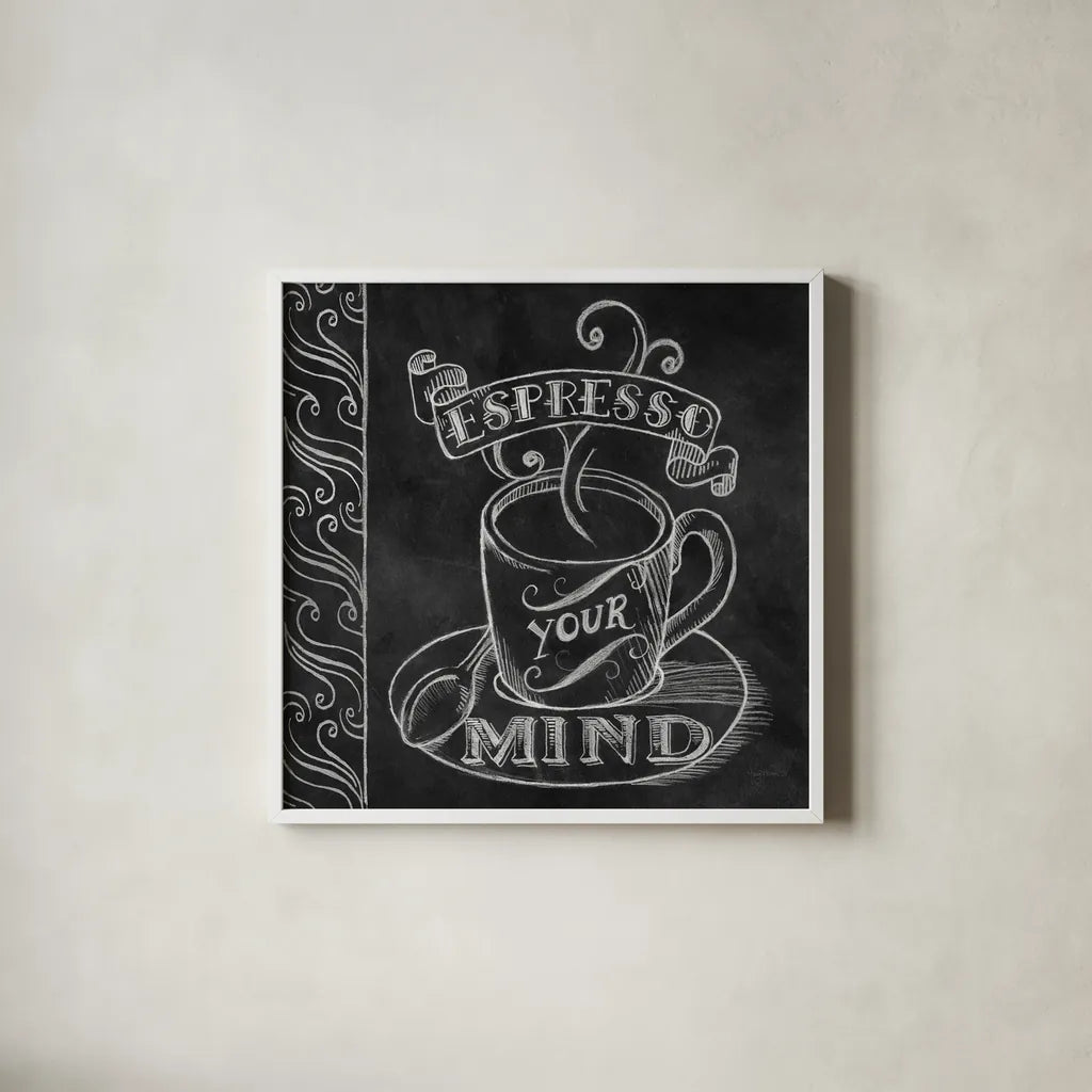 Espresso Your Mind by Mary Urban. Shown in a crisp white glass frame for a clean and minimalist style. Available as an archival giclee rolled canvas, fine art paper, or poster print. SKU 19840a.
