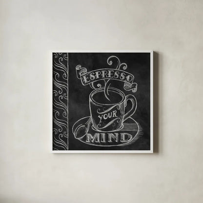 Espresso Your Mind by Mary Urban. Shown in a crisp white glass frame for a clean and minimalist style. Available as an archival giclee rolled canvas, fine art paper, or poster print. SKU 19840a.