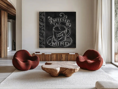 Espresso Your Mind by Mary Urban. Shown as extra-large giant wall art in a modern living room. Available as an archival giclee rolled canvas, fine art paper, or poster print. SKU 19840a.