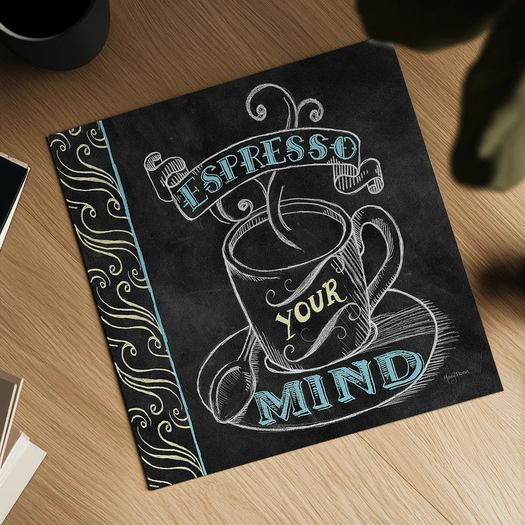 Espresso Your Mind Color by Mary Urban. Shown as a detailed flat fine art print, highlighting archival giclee quality. Available as an archival giclee rolled canvas, fine art paper, or poster print. SKU 38641a.