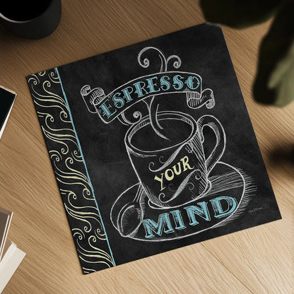 Espresso Your Mind Color by Mary Urban. Shown as a detailed flat fine art print, highlighting archival giclee quality. Available as an archival giclee rolled canvas, fine art paper, or poster print. SKU 38641a.