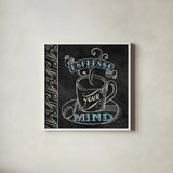 Espresso Your Mind Color by Mary Urban. Shown in a crisp white glass frame for a clean and minimalist style. Available as an archival giclee rolled canvas, fine art paper, or poster print. SKU 38641a.