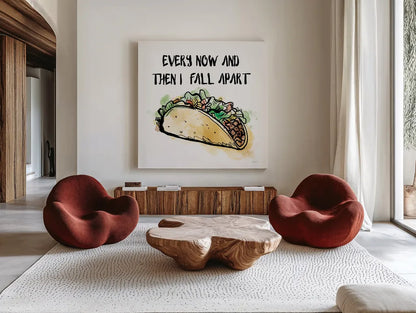 Every Now and Then I Fall Apart by Mary Urban. Shown as extra-large giant wall art in a modern living room. Available as an archival giclee rolled canvas, fine art paper, or poster print. SKU 73580a.