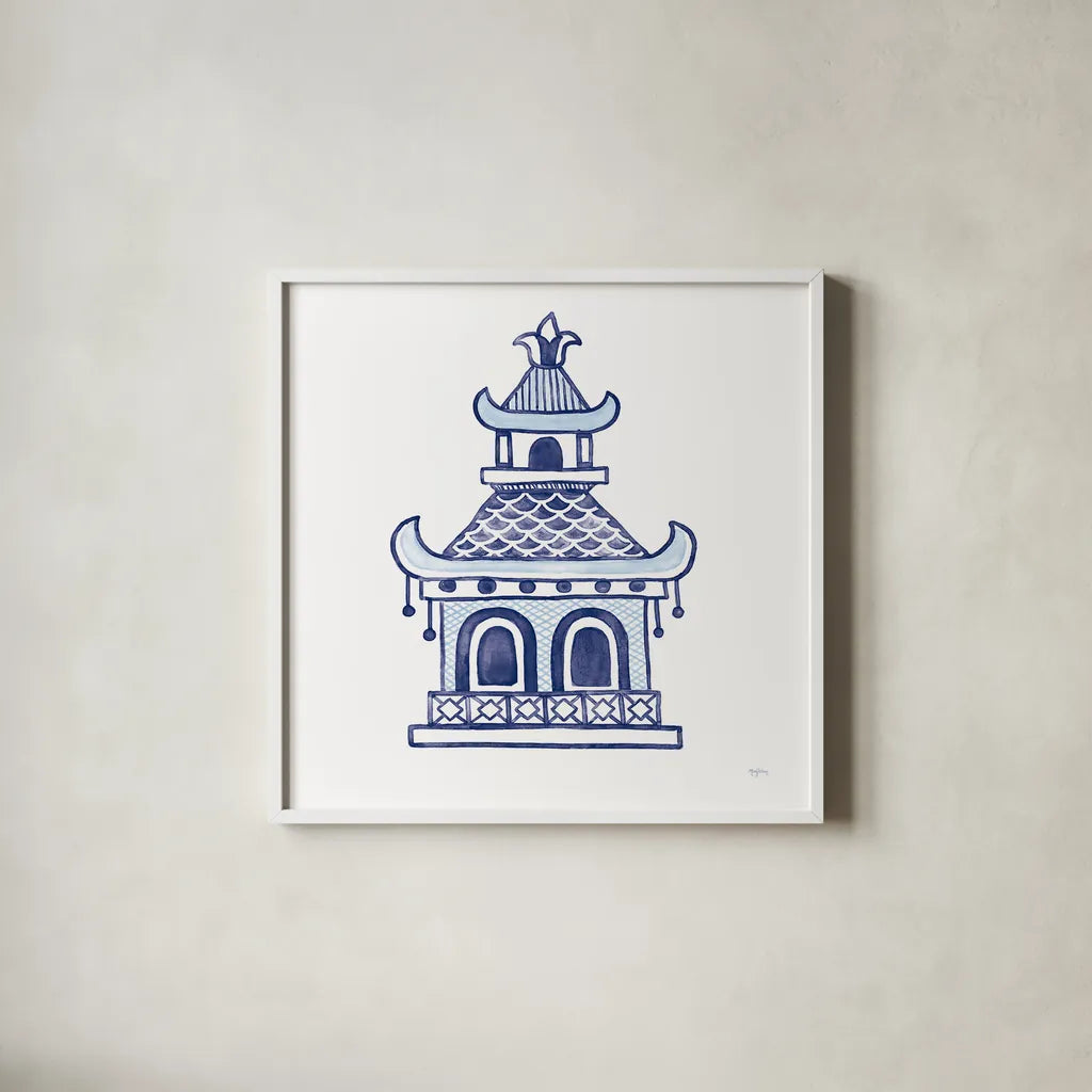 Everyday Chinoiserie I by Mary Urban. Shown in a crisp white glass frame for a clean and minimalist style. Available as an archival giclee rolled canvas, fine art paper, or poster print. SKU 46779a.