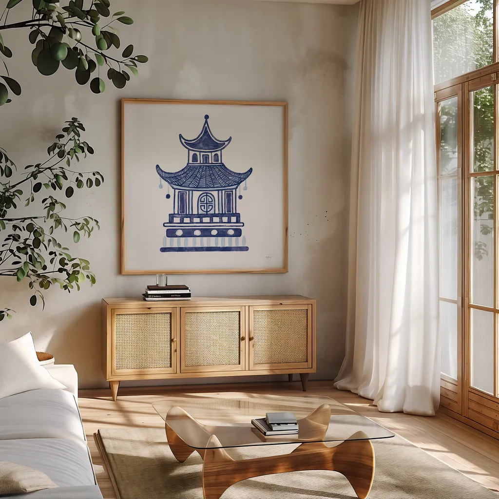 Everyday Chinoiserie II by Mary Urban. Shown in a natural wood frame in a cozy modern living room. Available as an archival giclee rolled canvas, fine art paper, or poster print. SKU 46780a.