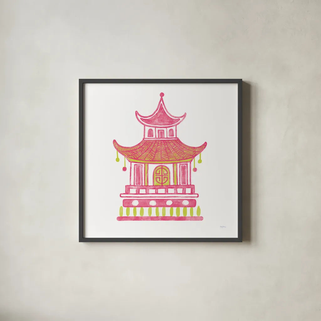 Everyday Chinoiserie II Pink by Mary Urban. Shown in a sleek black glass frame for a contemporary gallery look. Available as an archival giclee rolled canvas, fine art paper, or poster print. SKU 55560a.
