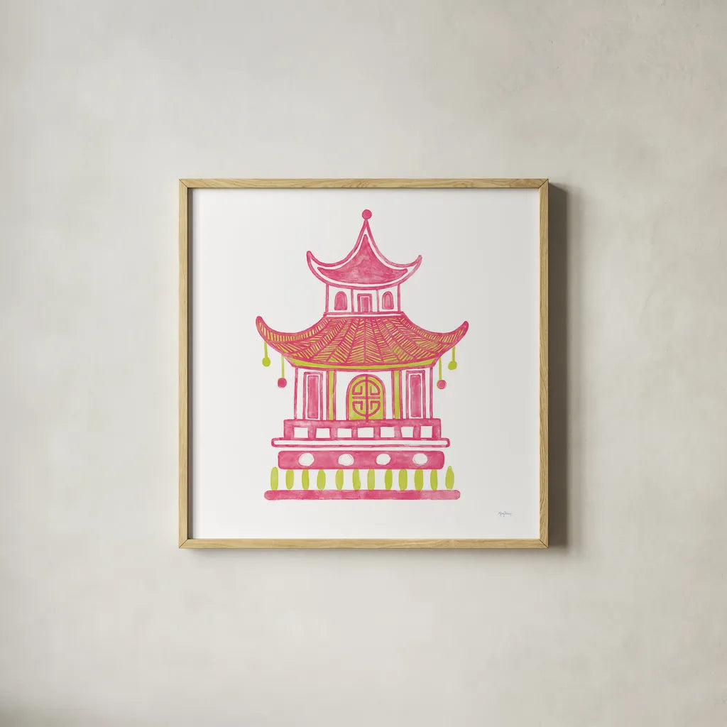 Everyday Chinoiserie II Pink by Mary Urban. Shown in a natural wood glass frame for a timeless modern aesthetic. Available as an archival giclee rolled canvas, fine art paper, or poster print. SKU 55560a.