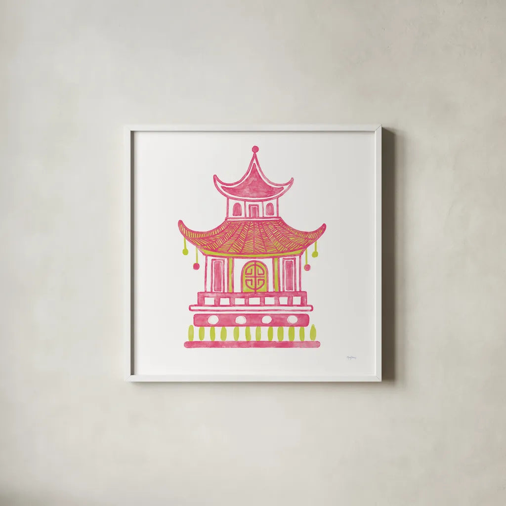 Everyday Chinoiserie II Pink by Mary Urban. Shown in a crisp white glass frame for a clean and minimalist style. Available as an archival giclee rolled canvas, fine art paper, or poster print. SKU 55560a.