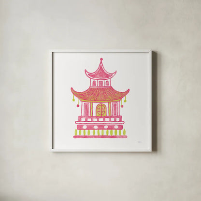 Everyday Chinoiserie II Pink by Mary Urban. Shown in a crisp white glass frame for a clean and minimalist style. Available as an archival giclee rolled canvas, fine art paper, or poster print. SKU 55560a.