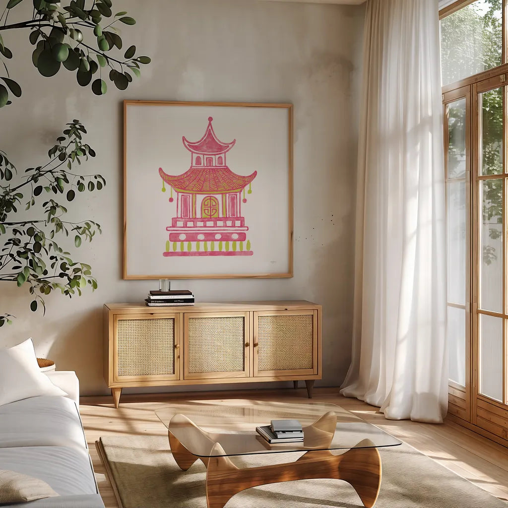 Everyday Chinoiserie II Pink by Mary Urban. Shown in a natural wood frame in a cozy modern living room. Available as an archival giclee rolled canvas, fine art paper, or poster print. SKU 55560a.