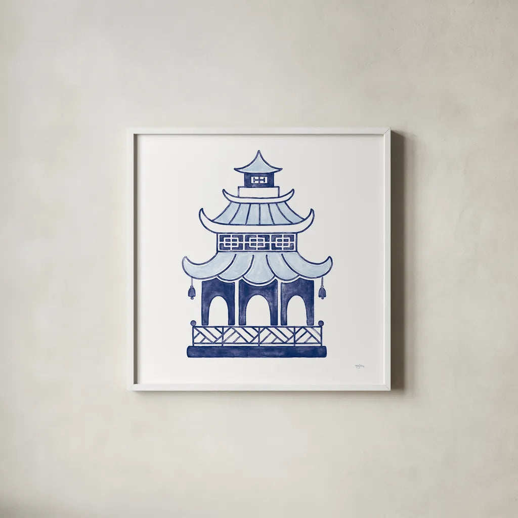 Everyday Chinoiserie IV  by Mary Urban. Shown in a crisp white glass frame for a clean and minimalist style. Available as an archival giclee rolled canvas, fine art paper, or poster print. SKU 46782a.