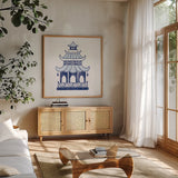 Everyday Chinoiserie IV  by Mary Urban. Shown in a natural wood frame in a cozy modern living room. Available as an archival giclee rolled canvas, fine art paper, or poster print. SKU 46782a.